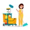 Woman worker of cleaning service is holding a mop. Vector illustration in a flat style.