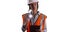 Woman worker in safety gear with tablet and flashlight on solid white copy space