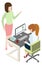 Woman working at desk and talking with colleague. Isometric scene