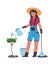 Woman working in garden. Cartoon young female planting and watering tree. Gardener with shovel and bucket. Isolated