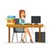 Woman Working At Her Desk With Computer And Folders, Part Of Office Workers Series Of Cartoon Characters In Official