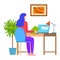 Woman working at home office desk with laptop and documents. Female freelancer in casual clothes focused on computer