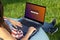 Woman working on laptop pc computer with request password on screen, sitting in park on green grass sunshine lawn