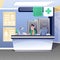 Woman working at receptionist desk in hospital. Medical professional help institution vector illustration. Health care