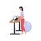 Woman working at standing desk flat color vector faceless character