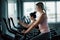 Woman Workout Cycling Exercise in Fitness Club, Portrait of Pretty Attractive Caucasian Woman Cycling Training in Gym., Beautiful