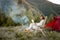 Woman works on laptop while sitting relaxed by the campfire in the mountains