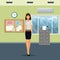 Woman workspace office cabinet file notice board clock window and air conditioner