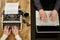 Woman writing on a typewriter and a man working on a laptop.Closeup to hands.Technological evolution.