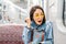 Woman yawn in train or metro, sleepless and insomnia concept