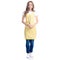 Woman in yellow apron with kitchen whisk corolla in hand
