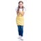 Woman in yellow apron smile got idea