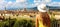 Woman in yellow dress and hat looks at stunning panoramic view of Florence, Italy. Happy pretty girl in Tuscany with Florence