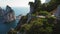 A woman in yellow overlooks Capri Island with Faraglioni sea stacks. Tourist Observing timeless wonders of nature in