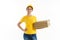 Woman in yellow pizza delivery girl on white background