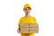 Woman in yellow pizza delivery girl on white background