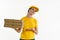 Woman in yellow pizza delivery girl on white background