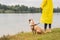 Woman in yellow raincoat and shoes walks the dog in rain at urban park near lake. Young female person and pitbull terrier puppy s