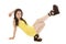 Woman yellow short dress down leg up