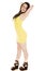 Woman yellow short dress stand hands behind head