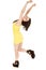 Woman yellow short dress stand hands up