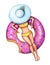 Woman in a yellow swimsuit swims on an inflatable pink donut float.