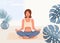 Woman yoga at home vector background illustration. Beautiful girl sit in yoga lotus pose. Happy relaxed black female