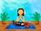 Woman yoga on mat cartoon character watercolor painting illustration