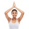 Woman, yoga and namaste pose in studio portrait, peace and spiritual awareness or mindfulness. Happy person, meditation