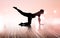 Woman yoga silhouette exercise floor rotten wood, soft and blur