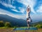 Woman in yoga Vrikshasana tree pose outdoors