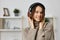 woman young caucasian lady music student happy earphones home headphones indoor