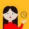 Woman young girl pointing to clock timer. Lady, female. Planning time management concept. Business activities. Social networks