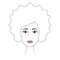 Womans face. Brown eyes. The girl`s head full face. Vector illustration. Hairstyle short curls. Long eyelashes.