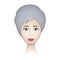 Womans face. Lady full face. Colored vector illustration. Ash blonde with blue eyes. Short pixie haircut. Long eyelashes.