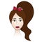 Womans face. Lady full face. Long hair tied in a bow in a ponytail. Colored vector illustration. Brunette with brown eyes.