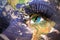 Womans face with planet Earth texture and tanzanian flag inside the eye.