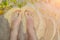 Womans feet on the sandy beach with coral red manikure. Top view of two legs