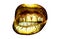 Womans golden lips close up isolated background. Gold sexy mouth. Aggressive angry mouth.