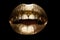 Womans golden lips close up isolated background. Gold sexy mouth. Glossy luxury mouth.