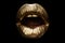 Womans golden lips, close up isolated background. Isolated gold mouth. Open mouth.