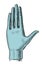 A womans hand in a blue rubber glove.