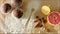 Womans hand putting homemade cakes near condiments