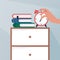 Womans Hand turns off the alarm clock, waking up in the morning. Vector illustration in flat style