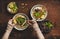 Womans hands with chopsticks and lime over vietnamese soup Pho-Ga