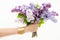 Womans hands holding bouquet of lilacs