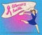 Womans health concept poster in comic pop art style. Woman holds banner with breast cancer pink ribbon symbol
