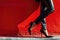 A womans legs in sleek high heels are captured against a striking red wall, exuding elegance and sophistication in a