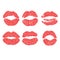 Womans lip dotted set. Girl mouths close up with red lipstick makeup. EPS vector.