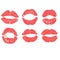 Womans lip dotted set. Girl mouths close up with red lipstick makeup. EPS vector.